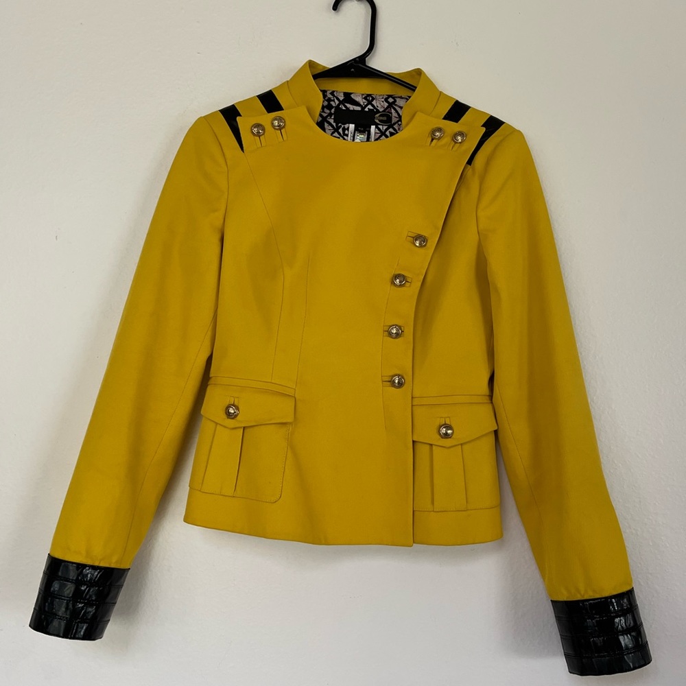 Just Cavalli Military Jacket Yellow Leather Trim Designer Blazer Italy Size 6 - Picture 15 of 15